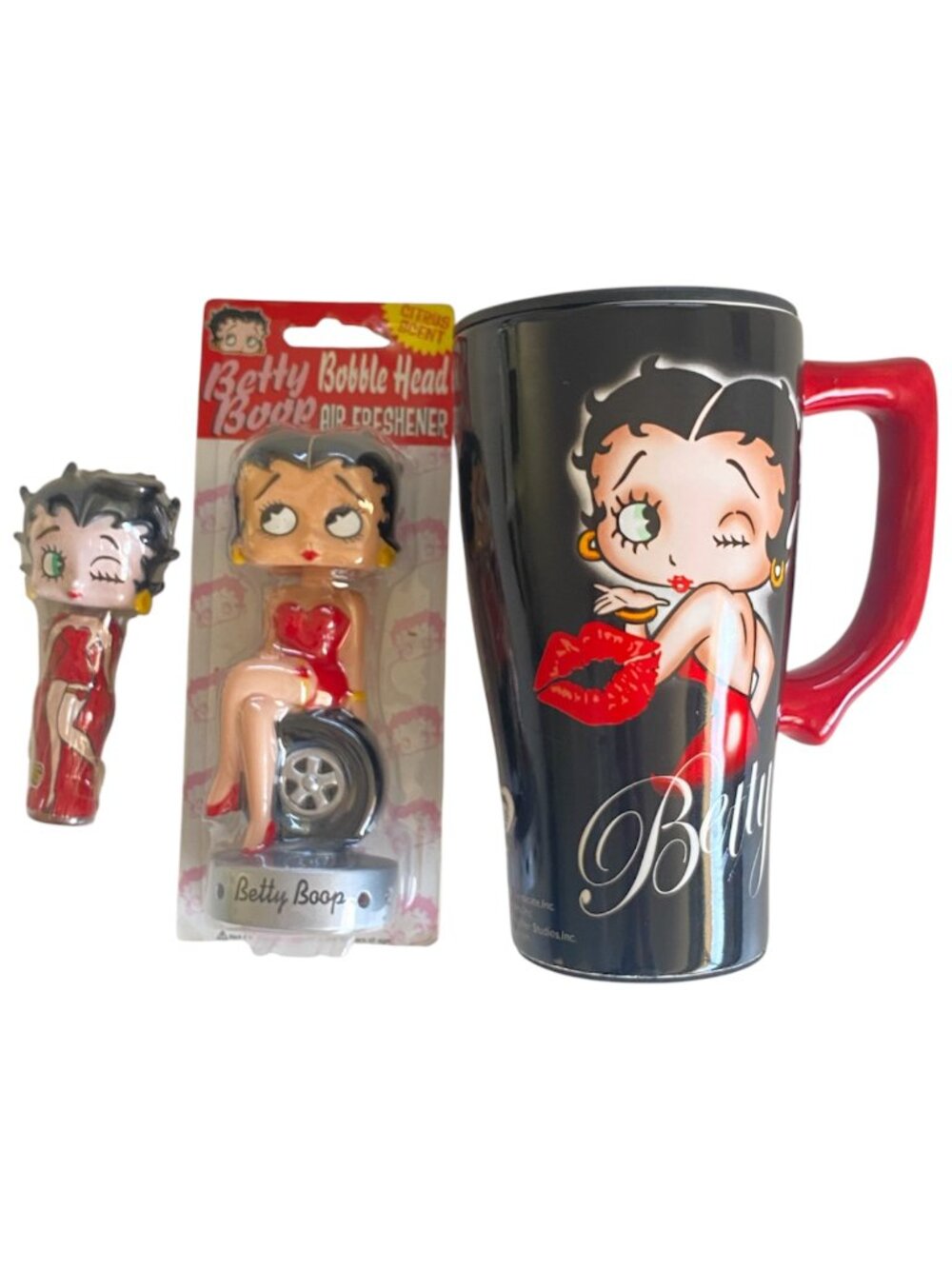 New 2000's Betty Boop Bundle Bobble Head Air Freshener Lip Gloss​​ & Travel Mug
